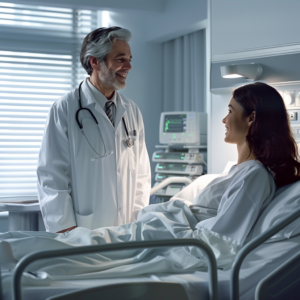 imagem de médico realizando visita pós cirúrgica à paciente em hospital