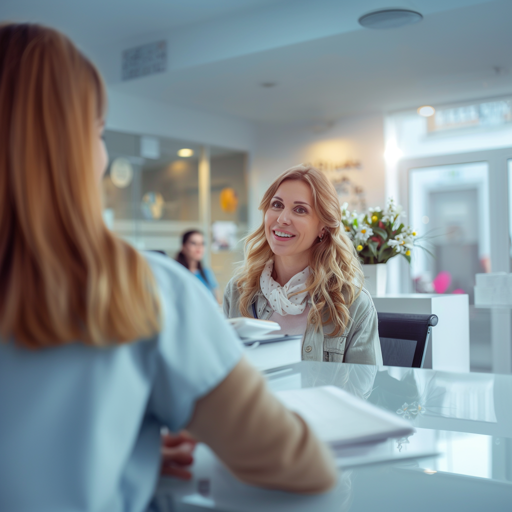 paciente na recepção com equipe de atendimento